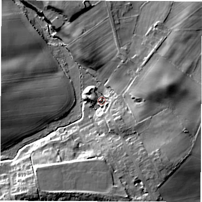 Shaded relief map of the ground around WF34FB, computed from Environment Agency LiDAR. The ground here sits at about 58 m above sea level and falls 21 m across the surrounding 800 m. Surface water reaching this point runs off ground lying to the south-south-east, 7.6 m higher.