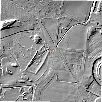 Shaded relief map of the ground around WF34FG, computed from Environment Agency LiDAR. The ground here sits at about 21 m above sea level and falls 20 m across the surrounding 800 m. Surface water reaching this point runs off ground lying to the south-west, 6.7 m higher.