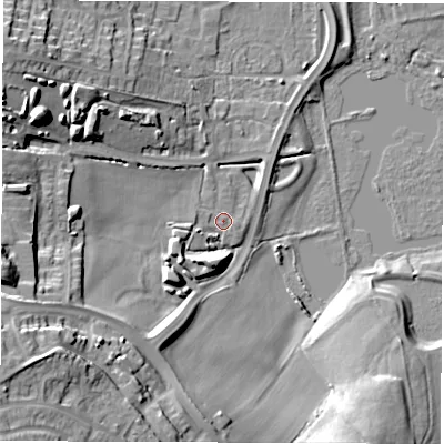 Shaded relief map of the ground around WF34FP, computed from Environment Agency LiDAR. The ground here sits at about 21 m above sea level and falls 30 m across the surrounding 800 m. Surface water reaching this point runs off ground lying to the west-south-west, 5.3 m higher.