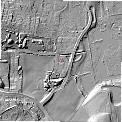 Shaded relief map of the ground around WF34FQ, computed from Environment Agency LiDAR. The ground here sits at about 21 m above sea level and falls 29 m across the surrounding 800 m. Surface water reaching this point runs off ground lying to the west-south-west, 23.3 m higher.