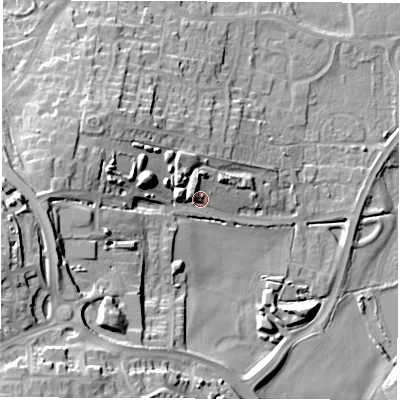Shaded relief map of the ground around WF34FR, computed from Environment Agency LiDAR. The ground here sits at about 28 m above sea level and falls 33 m across the surrounding 800 m. Surface water reaching this point runs off ground lying to the west-south-west, 16.8 m higher.