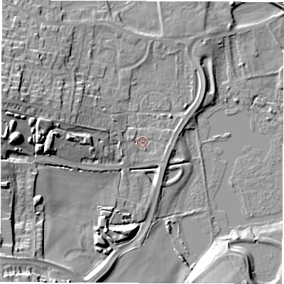 Shaded relief map of the ground around WF34FS, computed from Environment Agency LiDAR. The ground here sits at about 21 m above sea level and falls 26 m across the surrounding 800 m. Surface water reaching this point runs off ground lying to the west-south-west, 1.4 m higher.