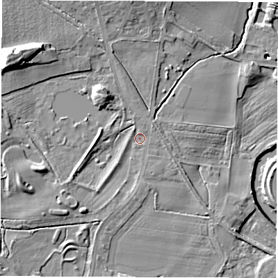 Shaded relief map of the ground around WF34GG, computed from Environment Agency LiDAR. The ground here sits at about 21 m above sea level and falls 20 m across the surrounding 800 m. Surface water reaching this point runs off ground lying to the south-west, 6.7 m higher.