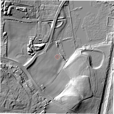 Shaded relief map of the ground around WF34GL, computed from Environment Agency LiDAR. The ground here sits at about 19 m above sea level and falls 28 m across the surrounding 800 m. Surface water reaching this point runs off ground lying to the south-west, 26.3 m higher.