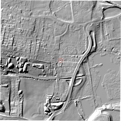 Shaded relief map of the ground around WF34GT, computed from Environment Agency LiDAR. The ground here sits at about 20 m above sea level and falls 25 m across the surrounding 800 m. Surface water reaching this point runs off ground lying to the west, 5.6 m higher.