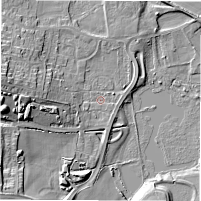 Shaded relief map of the ground around WF34GU, computed from Environment Agency LiDAR. The ground here sits at about 19 m above sea level and falls 23 m across the surrounding 800 m. Surface water reaching this point runs off ground lying to the west-south-west, 3.7 m higher.