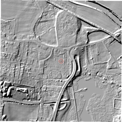Shaded relief map of the ground around WF34GW, computed from Environment Agency LiDAR. The ground here sits at about 20 m above sea level and falls 19 m across the surrounding 800 m. Surface water reaching this point runs off ground lying to the west-south-west, 14.5 m higher.