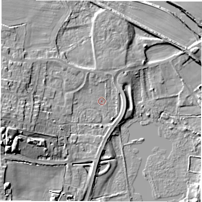 Shaded relief map of the ground around WF34GX, computed from Environment Agency LiDAR. The ground here sits at about 20 m above sea level and falls 19 m across the surrounding 800 m. Surface water reaching this point runs off ground lying to the west-south-west, 10.4 m higher.