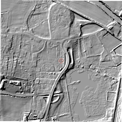Shaded relief map of the ground around WF34GY, computed from Environment Agency LiDAR. The ground here sits at about 19 m above sea level and falls 18 m across the surrounding 800 m. Surface water reaching this point runs off ground lying to the west-south-west, 13.6 m higher.