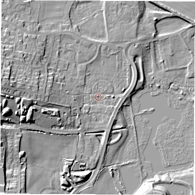 Shaded relief map of the ground around WF34GZ, computed from Environment Agency LiDAR. The ground here sits at about 19 m above sea level and falls 22 m across the surrounding 800 m. Surface water reaching this point runs off ground lying to the west-south-west, 3.8 m higher.