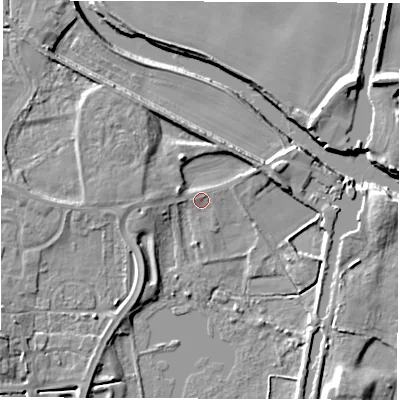 Shaded relief map of the ground around WF34LT, computed from Environment Agency LiDAR. The ground here sits at about 19 m above sea level and falls 10 m across the surrounding 800 m. Surface water reaching this point runs off ground lying to the west, 2.7 m higher.