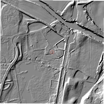 Shaded relief map of the ground around WF34LU, computed from Environment Agency LiDAR. The ground here sits at about 18 m above sea level and falls 13 m across the surrounding 800 m. Surface water reaching this point runs off ground lying to the east-south-east, 3.1 m higher.