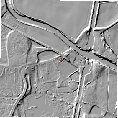 Shaded relief map of the ground around WF34LY, computed from Environment Agency LiDAR. The ground here sits at about 19 m above sea level and falls 10 m across the surrounding 800 m. Surface water reaching this point runs off ground lying to the north-north-east, 3.1 m higher.