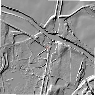 Shaded relief map of the ground around WF34LZ, computed from Environment Agency LiDAR. The ground here sits at about 20 m above sea level and falls 13 m across the surrounding 800 m. Surface water reaching this point runs off ground lying to the north-west, 3.4 m higher.