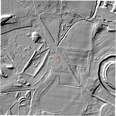 Shaded relief map of the ground around WF34NT, computed from Environment Agency LiDAR. The ground here sits at about 21 m above sea level and falls 19 m across the surrounding 800 m. Surface water reaching this point runs off ground lying to the north-west, 11.6 m higher.