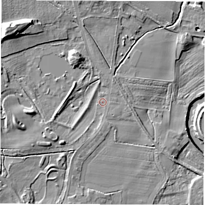 Shaded relief map of the ground around WF34NU, computed from Environment Agency LiDAR. The ground here sits at about 21 m above sea level and falls 20 m across the surrounding 800 m. Surface water reaching this point runs off ground lying to the south-south-west, 2.6 m higher.