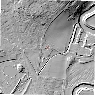 Shaded relief map of the ground around WF34PQ, computed from Environment Agency LiDAR. The ground here sits at about 21 m above sea level and falls 29 m across the surrounding 800 m. Surface water reaching this point runs off ground lying to the north-west, 1.9 m higher.