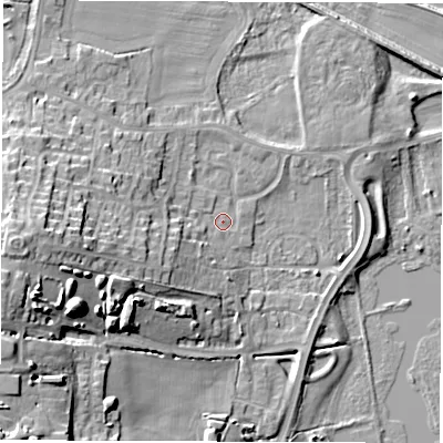 Shaded relief map of the ground around WF34QS, computed from Environment Agency LiDAR. The ground here sits at about 21 m above sea level and falls 26 m across the surrounding 800 m. Surface water reaching this point runs off ground lying to the west, 16.0 m higher.