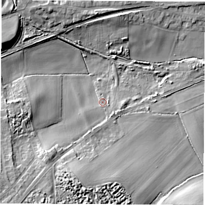Shaded relief map of the ground around WF41DZ, computed from Environment Agency LiDAR. The ground here sits at about 46 m above sea level and falls 18 m across the surrounding 800 m. Surface water reaching this point runs off ground lying to the south-south-west, 3.8 m higher.