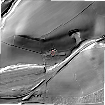 Shaded relief map of the ground around WF41RS, computed from Environment Agency LiDAR. The ground here sits at about 42 m above sea level and falls 31 m across the surrounding 800 m. Surface water reaching this point runs off ground lying to the north-north-west, 19.8 m higher.
