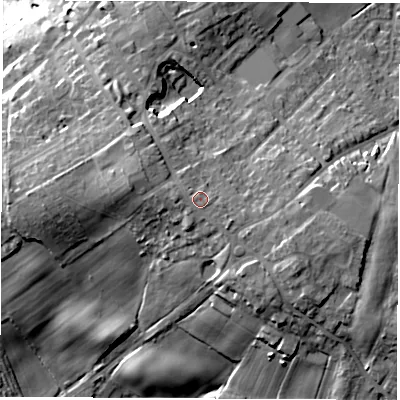 Shaded relief map of the ground around WF42AL, computed from Environment Agency LiDAR. The ground here sits at about 99 m above sea level and falls 30 m across the surrounding 800 m. Surface water reaching this point runs off ground lying to the south-south-east, 0.5 m higher.