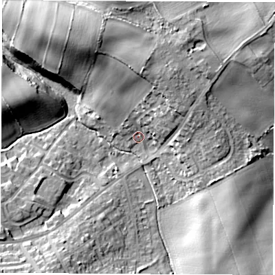 Shaded relief map of the ground around WF42EG, computed from Environment Agency LiDAR. The ground here sits at about 74 m above sea level and falls 20 m across the surrounding 800 m. Surface water reaching this point runs off ground lying to the north-north-east, 13.3 m higher.