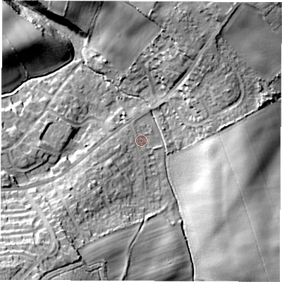 Shaded relief map of the ground around WF42HD, computed from Environment Agency LiDAR. The ground here sits at about 73 m above sea level and falls 26 m across the surrounding 800 m. Surface water reaching this point runs off ground lying to the south-west, 22.0 m higher.
