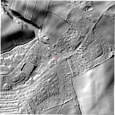 Shaded relief map of the ground around WF42HG, computed from Environment Agency LiDAR. The ground here sits at about 72 m above sea level and falls 23 m across the surrounding 800 m. Surface water reaching this point runs off ground lying to the south-west, 3.6 m higher.