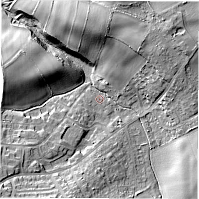 Shaded relief map of the ground around WF42HZ, computed from Environment Agency LiDAR. The ground here sits at about 72 m above sea level and falls 22 m across the surrounding 800 m. Surface water reaching this point runs off ground lying to the south-west, 5.1 m higher.