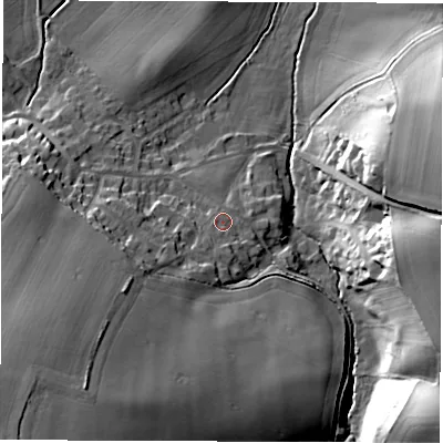 Shaded relief map of the ground around WF42NA, computed from Environment Agency LiDAR. The ground here sits at about 51 m above sea level and falls 29 m across the surrounding 800 m. Surface water reaching this point runs off ground lying to the south-west, 20.3 m higher.