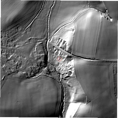 Shaded relief map of the ground around WF42QB, computed from Environment Agency LiDAR. The ground here sits at about 49 m above sea level and falls 29 m across the surrounding 800 m. Surface water reaching this point runs off ground lying to the east, 20.9 m higher.