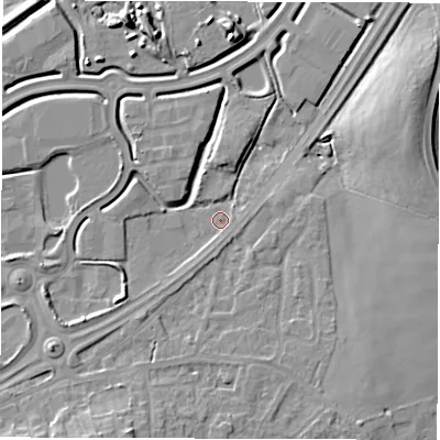 Shaded relief map of the ground around WF43AZ, computed from Environment Agency LiDAR. The ground here sits at about 26 m above sea level and falls 10 m across the surrounding 800 m. Surface water reaching this point runs off ground lying to the south-west, 2.3 m higher.