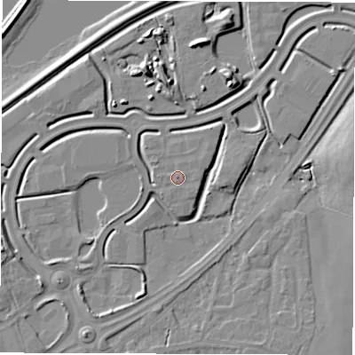 Shaded relief map of the ground around WF43BA, computed from Environment Agency LiDAR. The ground here sits at about 27 m above sea level and falls 8 m across the surrounding 800 m. Surface water reaching this point runs off ground lying to the east-north-east, 0.9 m higher.
