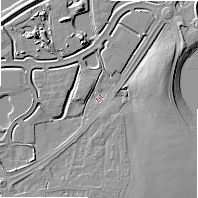 Shaded relief map of the ground around WF43BB, computed from Environment Agency LiDAR. The ground here sits at about 25 m above sea level and falls 8 m across the surrounding 800 m. Surface water reaching this point runs off ground lying to the east-north-east, 7.6 m higher.