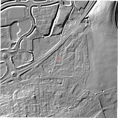 Shaded relief map of the ground around WF43BD, computed from Environment Agency LiDAR. The ground here sits at about 27 m above sea level and falls 15 m across the surrounding 800 m. Surface water reaching this point runs off ground lying to the south-south-west, 1.1 m higher.