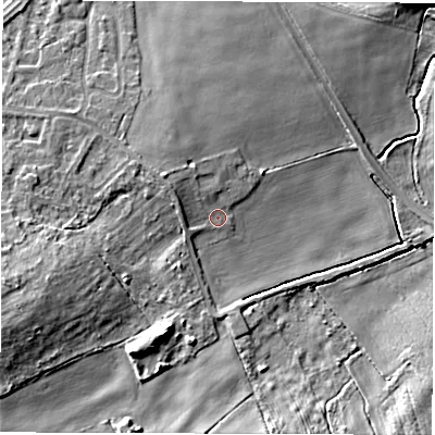 Shaded relief map of the ground around WF43BJ, computed from Environment Agency LiDAR. The ground here sits at about 26 m above sea level and falls 12 m across the surrounding 800 m. Surface water reaching this point runs off ground lying to the west-north-west, 2.8 m higher.