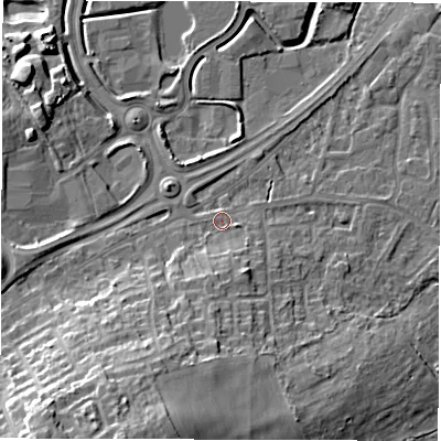 Shaded relief map of the ground around WF43BN, computed from Environment Agency LiDAR. The ground here sits at about 29 m above sea level and falls 21 m across the surrounding 800 m. Surface water reaching this point runs off ground lying to the south, 3.9 m higher.