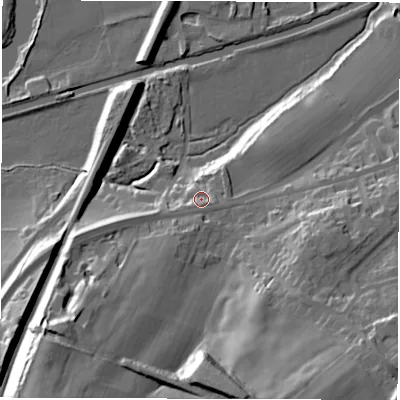 Shaded relief map of the ground around WF43DH, computed from Environment Agency LiDAR. The ground here sits at about 37 m above sea level and falls 37 m across the surrounding 800 m. Surface water reaching this point runs off ground lying to the south-south-east, 4.4 m higher.