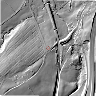 Shaded relief map of the ground around WF43DN, computed from Environment Agency LiDAR. The ground here sits at about 58 m above sea level and falls 52 m across the surrounding 800 m. Surface water reaching this point runs off ground lying to the south-west, 32.4 m higher.