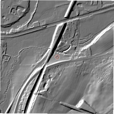 Shaded relief map of the ground around WF43DP, computed from Environment Agency LiDAR. The ground here sits at about 33 m above sea level and falls 37 m across the surrounding 800 m. Surface water reaching this point runs off ground lying to the south, 9.8 m higher.