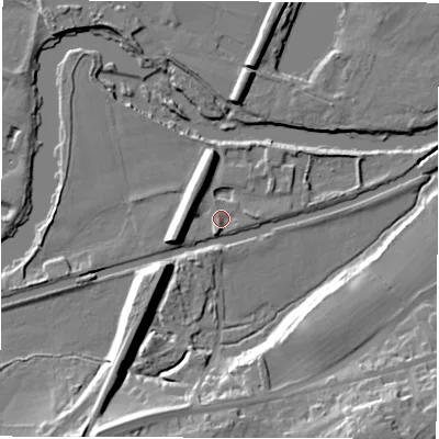 Shaded relief map of the ground around WF43DS, computed from Environment Agency LiDAR. The ground here sits at about 28 m above sea level and falls 24 m across the surrounding 800 m. Surface water reaching this point runs off ground lying to the south, 2.4 m higher.