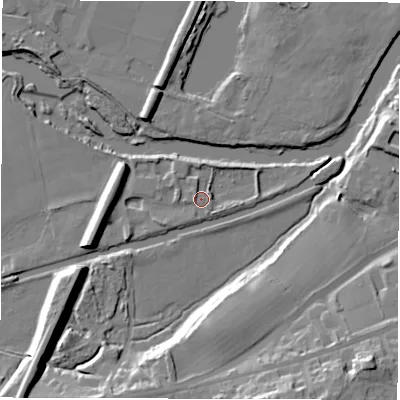Shaded relief map of the ground around WF43DT, computed from Environment Agency LiDAR. The ground here sits at about 27 m above sea level and falls 22 m across the surrounding 800 m. Surface water reaching this point runs off ground lying to the north-north-west, 2.8 m higher.