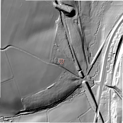 Shaded relief map of the ground around WF43DW, computed from Environment Agency LiDAR. The ground here sits at about 46 m above sea level and falls 40 m across the surrounding 800 m. Surface water reaching this point runs off ground lying to the west-north-west, 24.3 m higher.