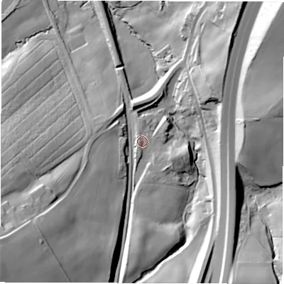 Shaded relief map of the ground around WF43ER, computed from Environment Agency LiDAR. The ground here sits at about 56 m above sea level and falls 49 m across the surrounding 800 m. Surface water reaching this point runs off ground lying to the west-south-west, 2.3 m higher.
