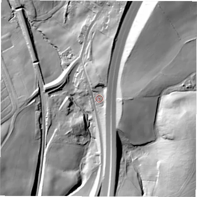 Shaded relief map of the ground around WF43ET, computed from Environment Agency LiDAR. The ground here sits at about 61 m above sea level and falls 63 m across the surrounding 800 m. Surface water reaching this point runs off ground lying to the north-north-east, 18.1 m higher.
