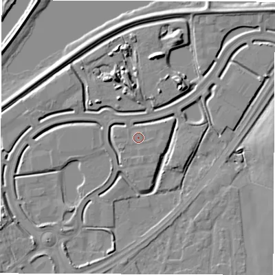 Shaded relief map of the ground around WF43FL, computed from Environment Agency LiDAR. The ground here sits at about 27 m above sea level and falls 8 m across the surrounding 800 m. Surface water reaching this point runs off ground lying to the south-south-east, 1.2 m higher.
