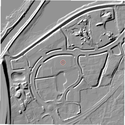 Shaded relief map of the ground around WF43GH, computed from Environment Agency LiDAR. The ground here sits at about 27 m above sea level and falls 13 m across the surrounding 800 m. The ground contributing surface water to this point lies to the west.