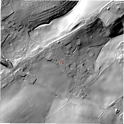 Shaded relief map of the ground around WF43JL, computed from Environment Agency LiDAR. The ground here sits at about 59 m above sea level and falls 35 m across the surrounding 800 m. Surface water reaching this point runs off ground lying to the west-north-west, 1.5 m higher.