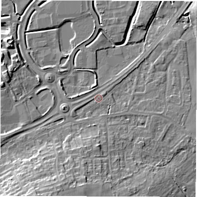 Shaded relief map of the ground around WF43NB, computed from Environment Agency LiDAR. The ground here sits at about 28 m above sea level and falls 18 m across the surrounding 800 m. Surface water reaching this point runs off ground lying to the west-south-west, 1.3 m higher.