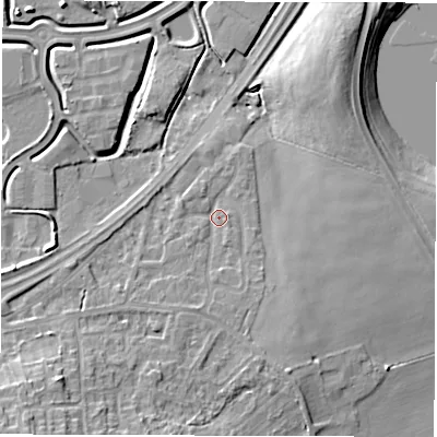 Shaded relief map of the ground around WF43PN, computed from Environment Agency LiDAR. The ground here sits at about 27 m above sea level and falls 12 m across the surrounding 800 m. Surface water reaching this point runs off ground lying to the south-west, 8.3 m higher.